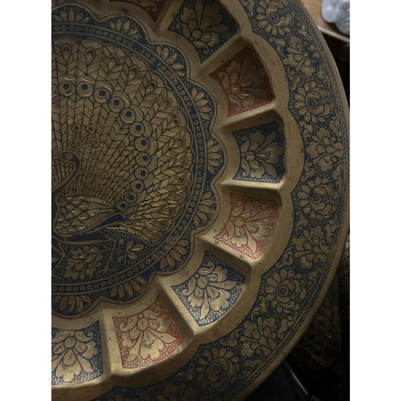 Vintage Brass Peacock Plate Metal Tray Enameled Etched Wall Hanging Decorative - Picture 4 of 11